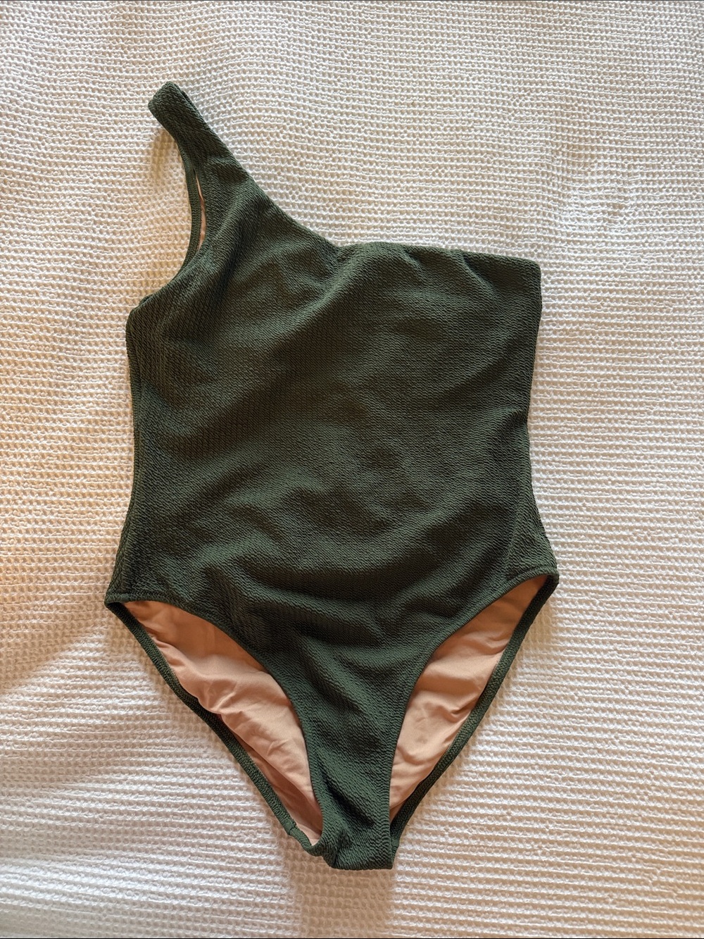 J. Crew One-Shoulder Olive Green Textured One-Piece Swimsuit size 12